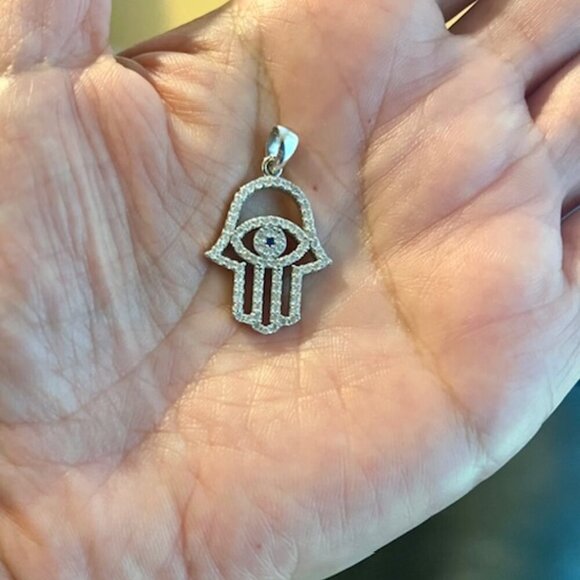925 Sterling Silver CZ Sapphire Hamsa Hand Talisman Evil Eye Pendant Charm - Picture 4 of 4